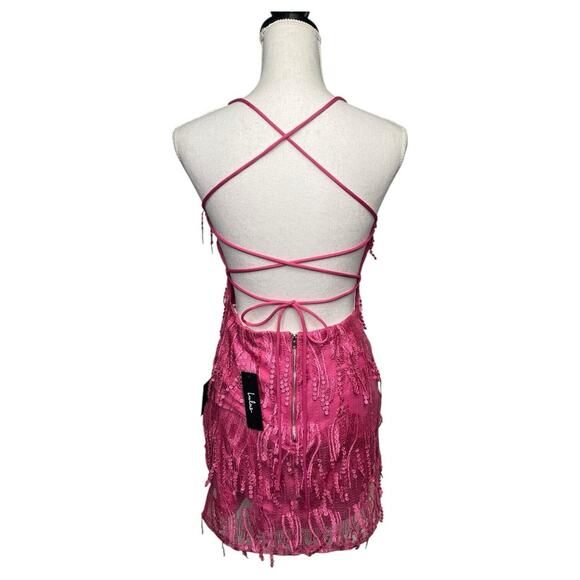 New Lulus Dress Womens M Making Magic Fringe Lace Up Mini Overlay Bright Pink - Picture 4 of 16